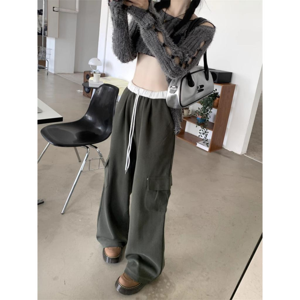 鬆緊腰圍！超顯瘦✨  韓版街頭工裝抽繩落地棉褲（3色）女裝 韓系 休閒褲 闊腿褲 拖地褲 落地褲 顯瘦 修飾 縮口褲-細節圖6