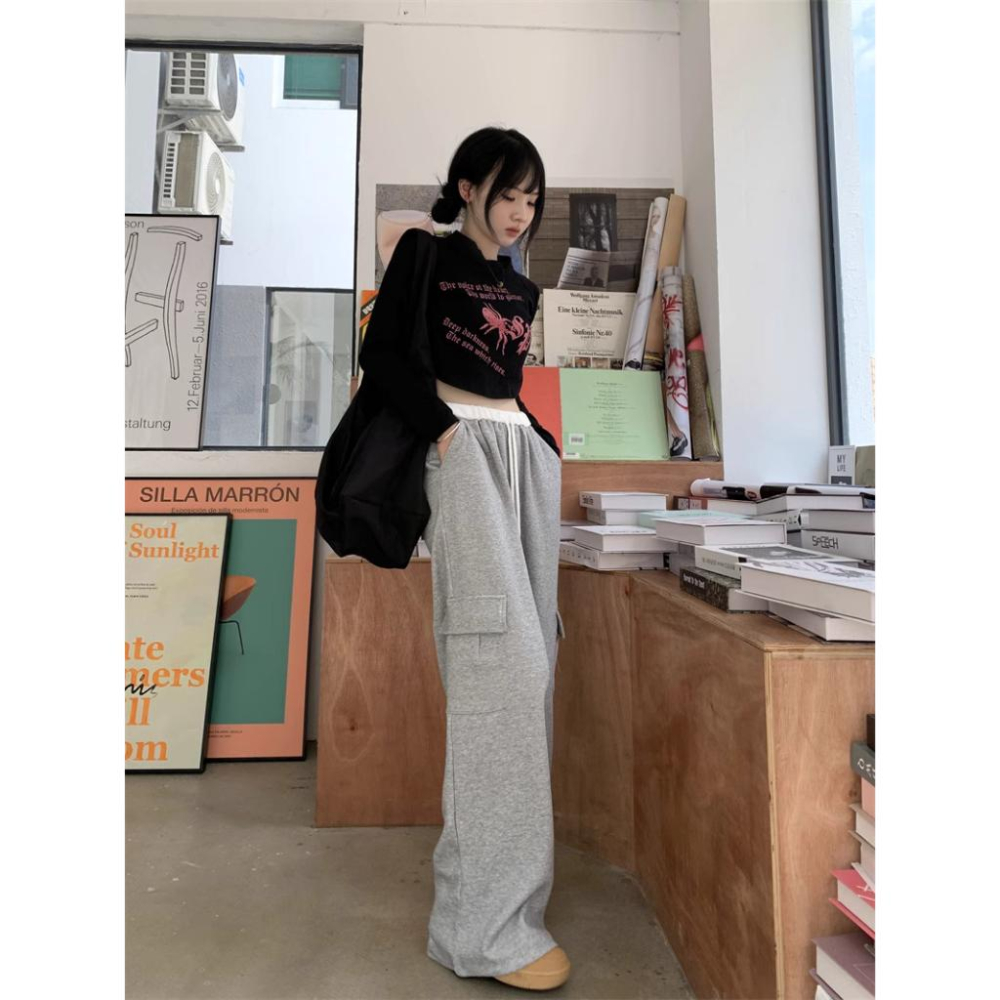 鬆緊腰圍！超顯瘦✨  韓版街頭工裝抽繩落地棉褲（3色）女裝 韓系 休閒褲 闊腿褲 拖地褲 落地褲 顯瘦 修飾 縮口褲-細節圖7