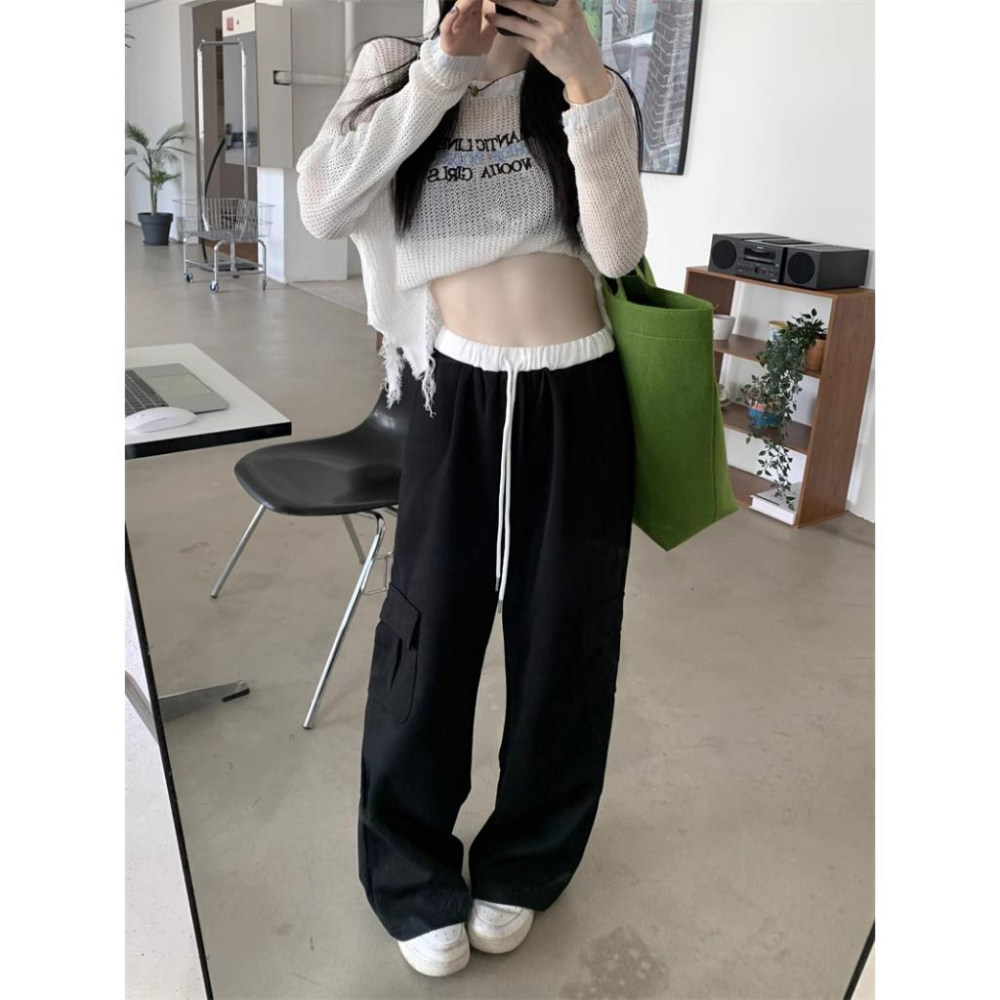鬆緊腰圍！超顯瘦✨  韓版街頭工裝抽繩落地棉褲（3色）女裝 韓系 休閒褲 闊腿褲 拖地褲 落地褲 顯瘦 修飾 縮口褲-細節圖8