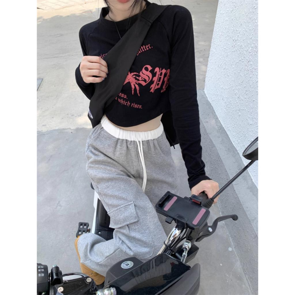 鬆緊腰圍！超顯瘦✨  韓版街頭工裝抽繩落地棉褲（3色）女裝 韓系 休閒褲 闊腿褲 拖地褲 落地褲 顯瘦 修飾 縮口褲-細節圖9