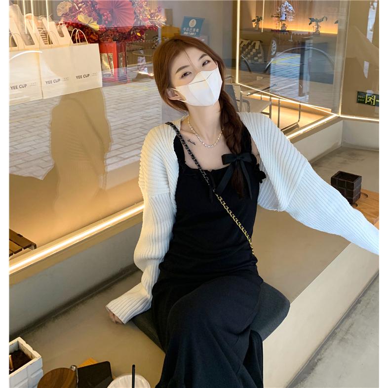 超遮肉！無敵顯瘦款🖤  韓版法式性感吊帶針織洋裝  韓系 顯瘦 女裝 連身裙 基本款 A字裙 吊帶連身裙-細節圖3