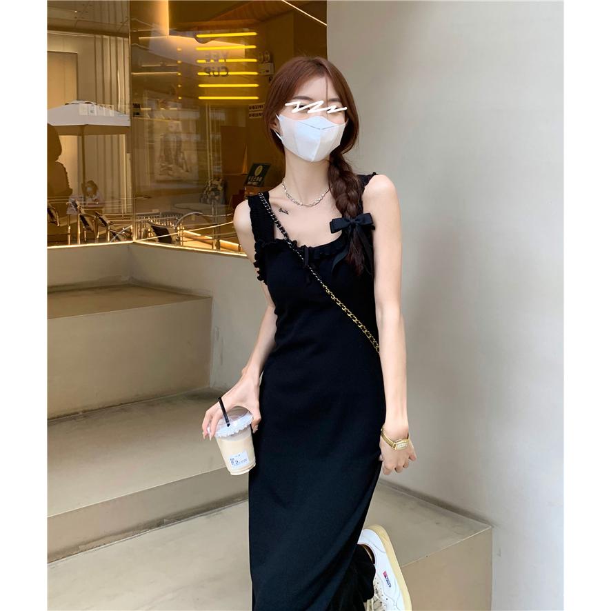 超遮肉！無敵顯瘦款🖤  韓版法式性感吊帶針織洋裝  韓系 顯瘦 女裝 連身裙 基本款 A字裙 吊帶連身裙-細節圖7