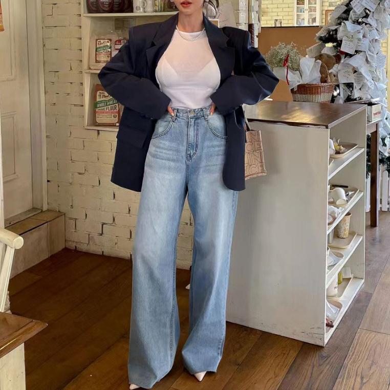 設計感！高腰款超顯瘦💗  韓版水洗噗通愛心牛仔寬褲（S-L）女裝 韓系 休閒褲 牛仔褲 拖地褲 落地褲 顯瘦 修飾-細節圖4