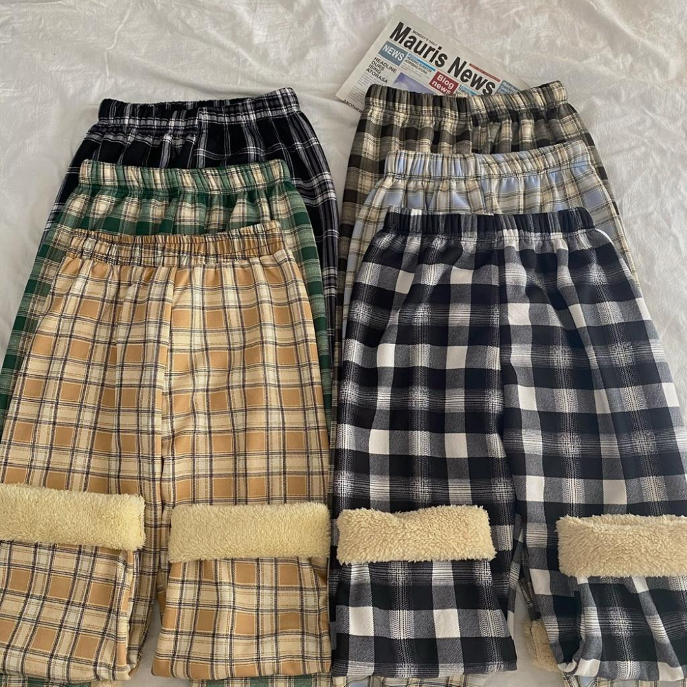 激推❗️ 整件刷毛超級暖🔥 冬天來一件保暖加厚格子褲（6色）腰圍鬆緊👍🏻 羊羔絨 刷毛褲 直筒褲 女裝 韓系 休閒褲-細節圖3