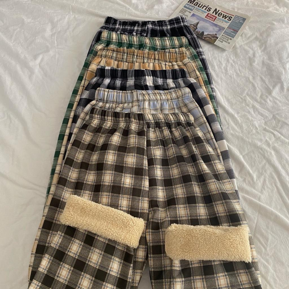 激推❗️ 整件刷毛超級暖🔥 冬天來一件保暖加厚格子褲（6色）腰圍鬆緊👍🏻 羊羔絨 刷毛褲 直筒褲 女裝 韓系 休閒褲-細節圖6