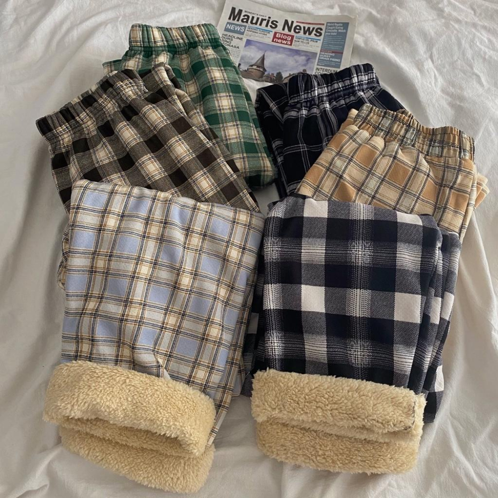 激推❗️ 整件刷毛超級暖🔥 冬天來一件保暖加厚格子褲（6色）腰圍鬆緊👍🏻 羊羔絨 刷毛褲 直筒褲 女裝 韓系 休閒褲-細節圖7