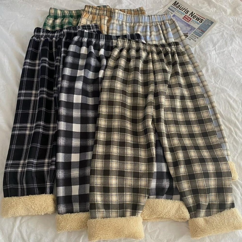激推❗️ 整件刷毛超級暖🔥 冬天來一件保暖加厚格子褲（6色）腰圍鬆緊👍🏻 羊羔絨 刷毛褲 直筒褲 女裝 韓系 休閒褲-細節圖8