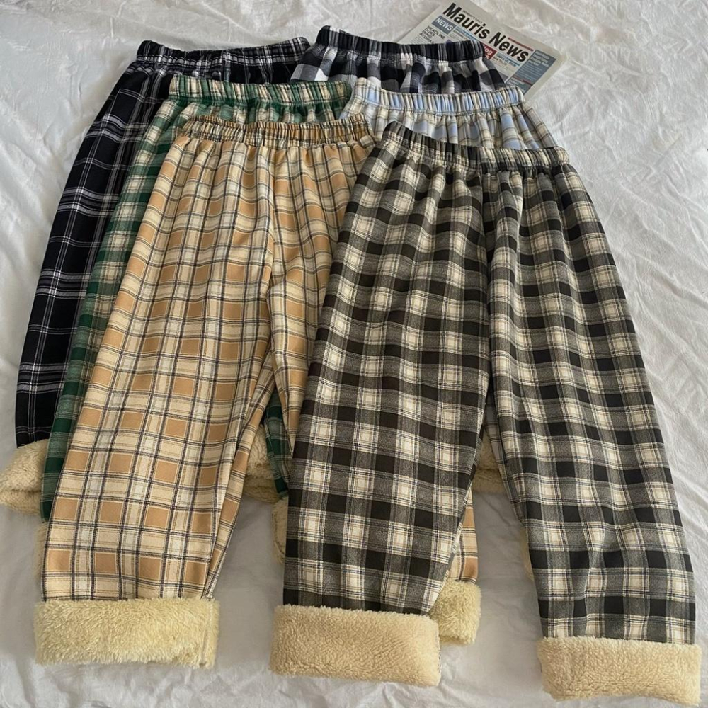 激推❗️ 整件刷毛超級暖🔥 冬天來一件保暖加厚格子褲（6色）腰圍鬆緊👍🏻 羊羔絨 刷毛褲 直筒褲 女裝 韓系 休閒褲-細節圖9