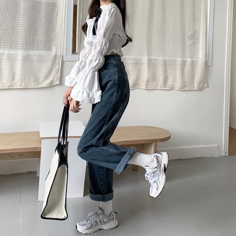 必推🔥 腰圍鬆緊超級舒服❗️  韓版高腰鬆緊直筒牛仔褲（S-XL）女裝 韓系 休閒褲 牛仔褲 毛呢褲 短褲 顯瘦 修飾-細節圖4