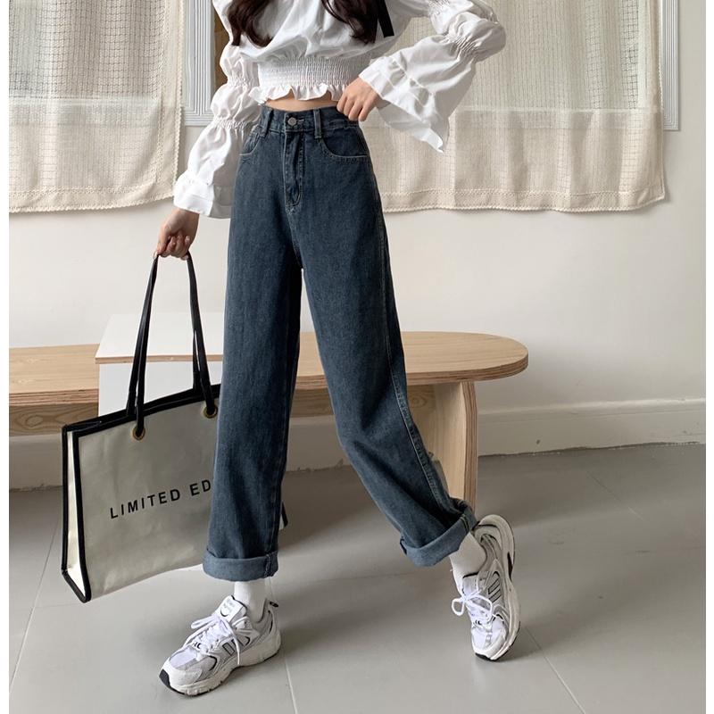 必推🔥 腰圍鬆緊超級舒服❗️  韓版高腰鬆緊直筒牛仔褲（S-XL）女裝 韓系 休閒褲 牛仔褲 毛呢褲 短褲 顯瘦 修飾-細節圖6