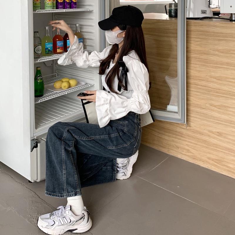 必推🔥 腰圍鬆緊超級舒服❗️  韓版高腰鬆緊直筒牛仔褲（S-XL）女裝 韓系 休閒褲 牛仔褲 毛呢褲 短褲 顯瘦 修飾-細節圖7