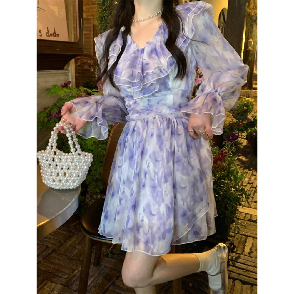 春天妳最美🌷  花園小精靈雪紡洋裝（S-XL）韓系 顯瘦 女裝 連身裙 基本款 A字裙 吊帶連身裙 碎花 暈染-細節圖2