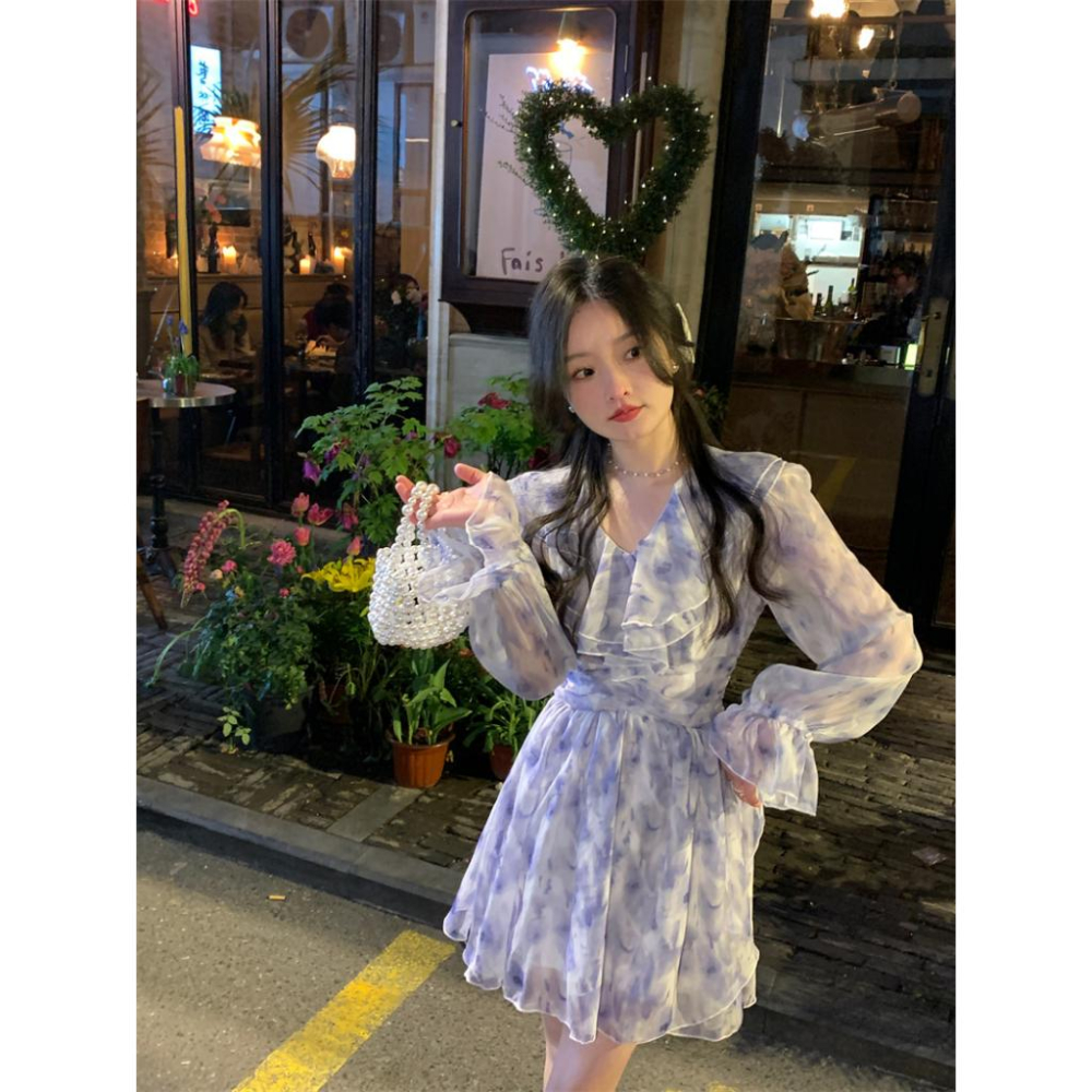 春天妳最美🌷  花園小精靈雪紡洋裝（S-XL）韓系 顯瘦 女裝 連身裙 基本款 A字裙 吊帶連身裙 碎花 暈染-細節圖3