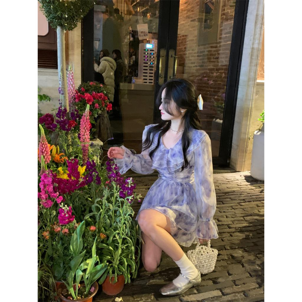 春天妳最美🌷  花園小精靈雪紡洋裝（S-XL）韓系 顯瘦 女裝 連身裙 基本款 A字裙 吊帶連身裙 碎花 暈染-細節圖5