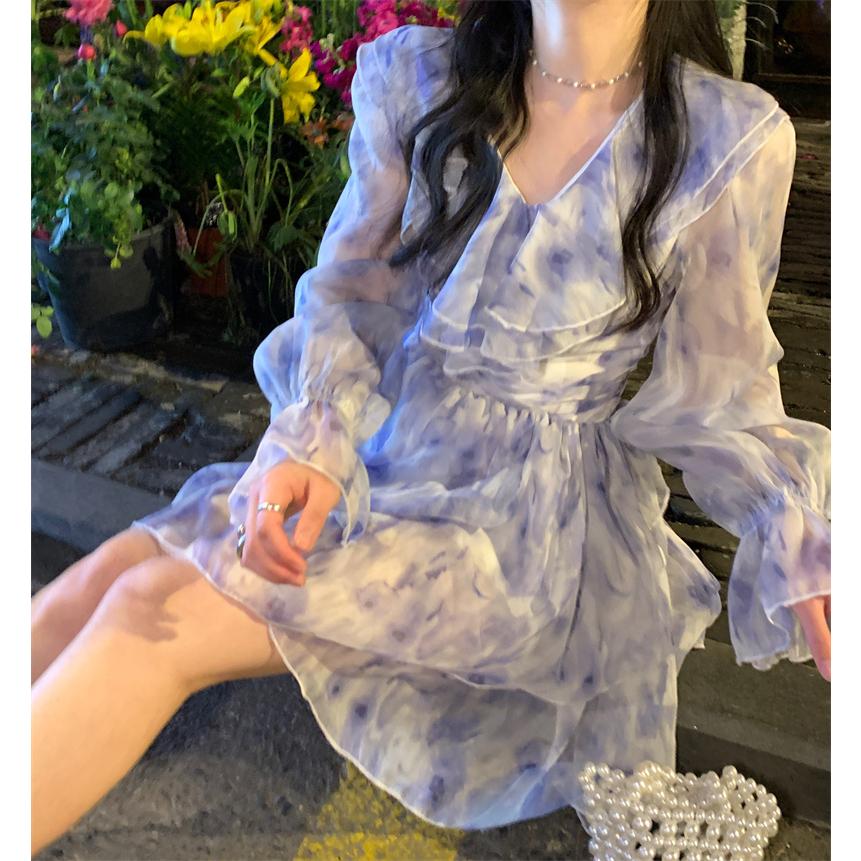 春天妳最美🌷  花園小精靈雪紡洋裝（S-XL）韓系 顯瘦 女裝 連身裙 基本款 A字裙 吊帶連身裙 碎花 暈染-細節圖6