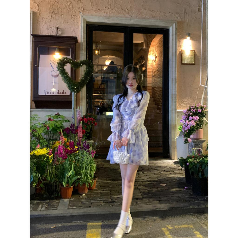 春天妳最美🌷  花園小精靈雪紡洋裝（S-XL）韓系 顯瘦 女裝 連身裙 基本款 A字裙 吊帶連身裙 碎花 暈染-細節圖7