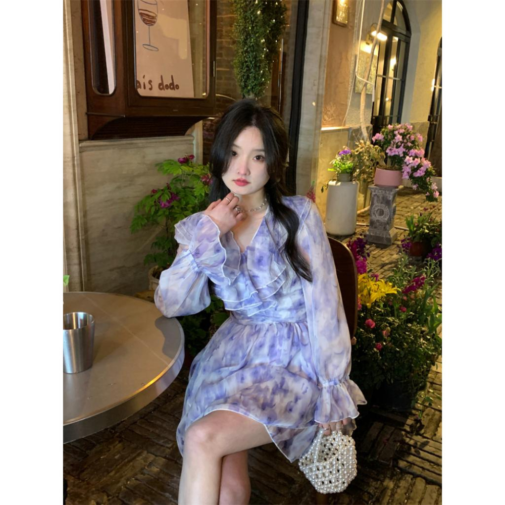 春天妳最美🌷  花園小精靈雪紡洋裝（S-XL）韓系 顯瘦 女裝 連身裙 基本款 A字裙 吊帶連身裙 碎花 暈染-細節圖8
