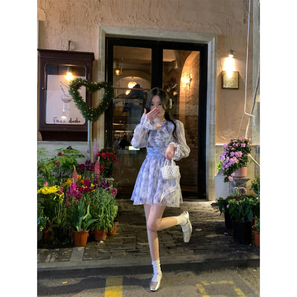 春天妳最美🌷  花園小精靈雪紡洋裝（S-XL）韓系 顯瘦 女裝 連身裙 基本款 A字裙 吊帶連身裙 碎花 暈染-細節圖9