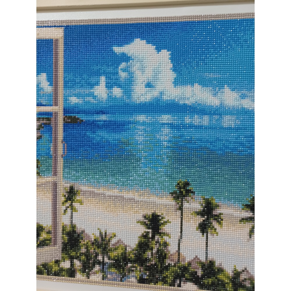 |手作鑽石畫完成品| 一坪的海岸線，窗外的湛藍海岸（附木質掛軸）-細節圖2