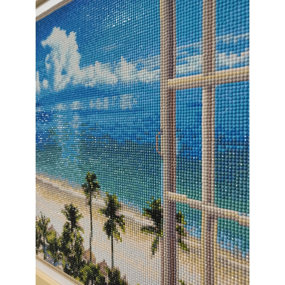 |手作鑽石畫完成品| 一坪的海岸線，窗外的湛藍海岸（附木質掛軸）-細節圖3