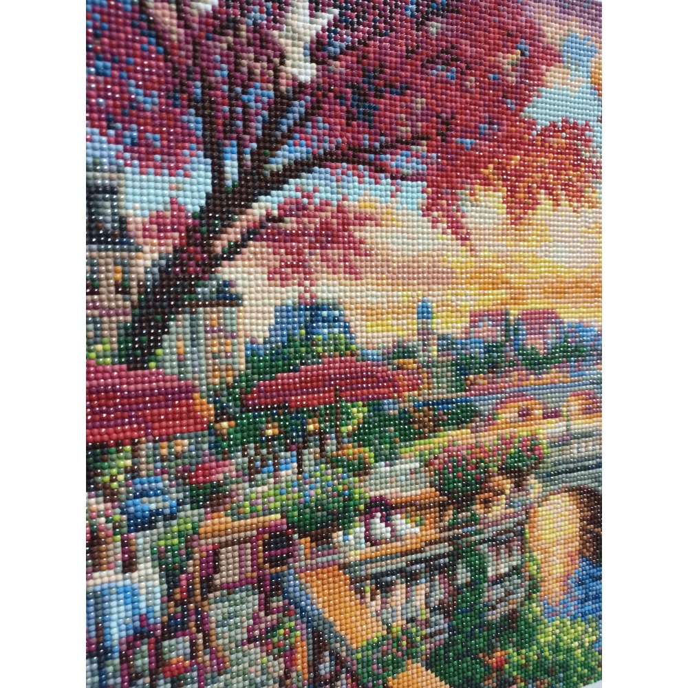 |手作鑽石畫完成品| 要不要在浪漫的歐洲河畔喝杯咖啡，夕陽鴿子鐵塔（附木質掛軸）-細節圖3