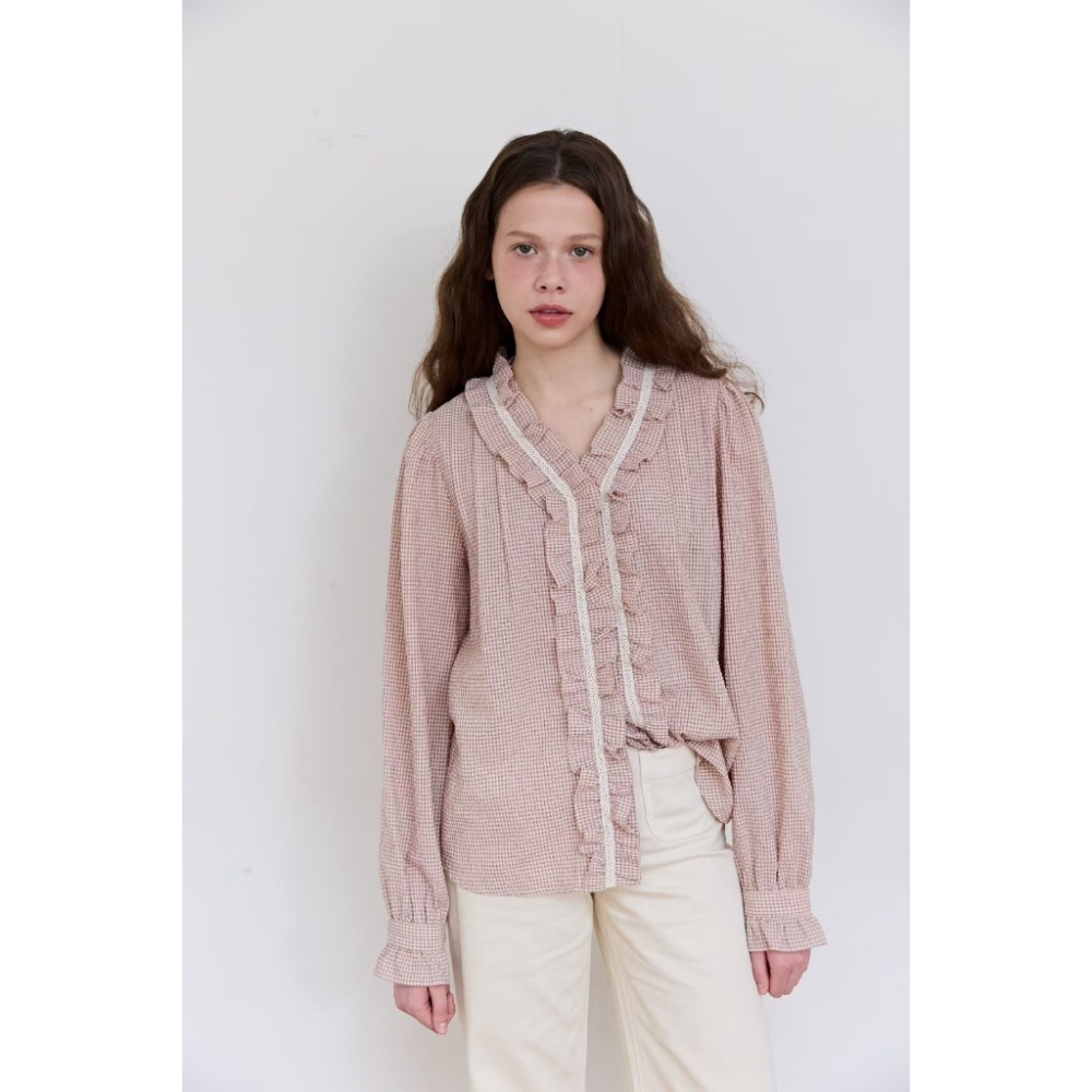 優佳 現貨 韓國 荷葉邊格紋上衣 O0813-細節圖2