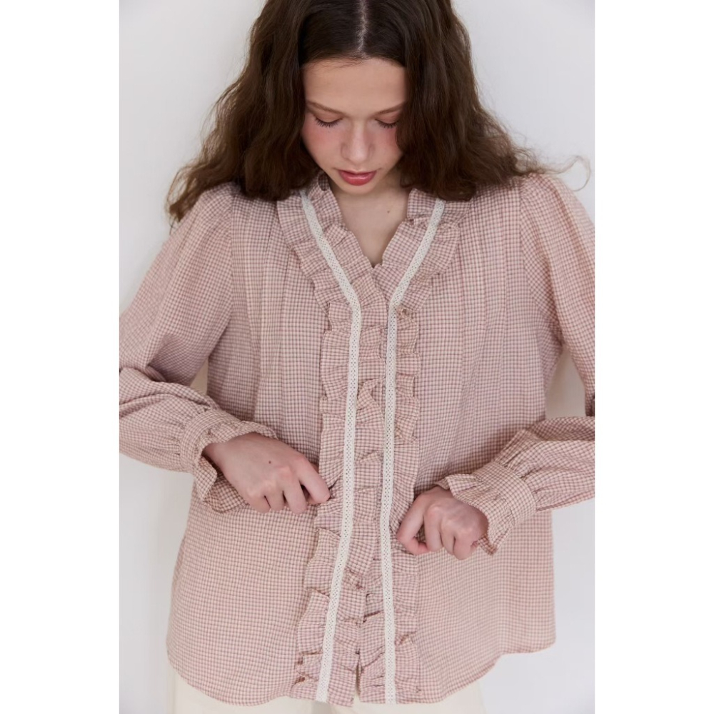 優佳 現貨 韓國 荷葉邊格紋上衣 O0813-細節圖3