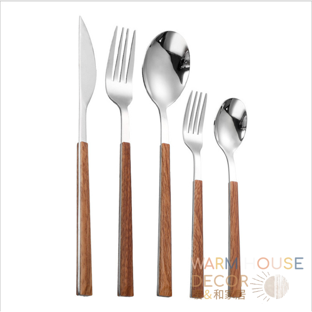 【暖&和家居】台灣現貨 韓系ins木質餐具 304不鏽鋼餐具 刀叉 刀子 叉子 湯匙 餐具 餐具組 西餐餐具 仿木柄不銹-細節圖9