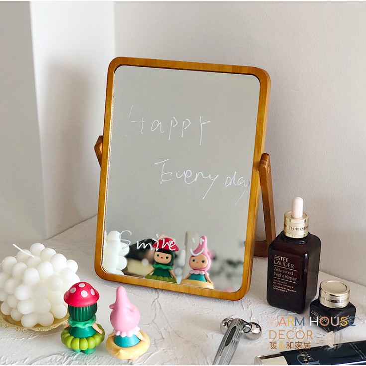 【暖&和家居】台灣現貨 韓風ins木質化妝鏡 化妝鏡 桌面鏡 木鏡子 可調化妝鏡 桌面化妝鏡 木化妝鏡 桌上鏡 梳化鏡子-細節圖3