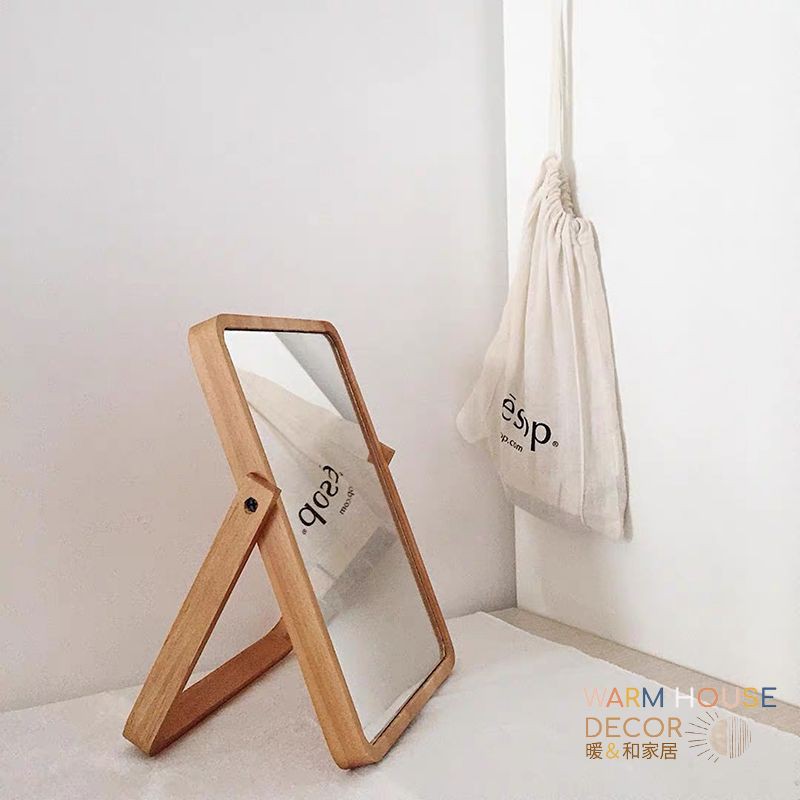 【暖&和家居】台灣現貨 韓風ins木質化妝鏡 化妝鏡 桌面鏡 木鏡子 可調化妝鏡 桌面化妝鏡 木化妝鏡 桌上鏡 梳化鏡子-細節圖6