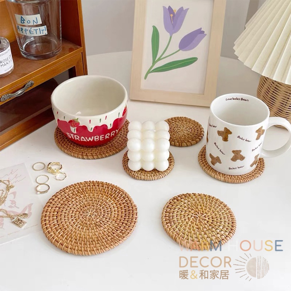 【暖&和家居】台灣現貨 杯墊 藤編隔熱餐墊 編織杯墊 隔熱墊 餐墊 圓形餐墊 鍋墊  復古藤編杯墊 鍋墊 餐墊 廚房杯墊-細節圖2