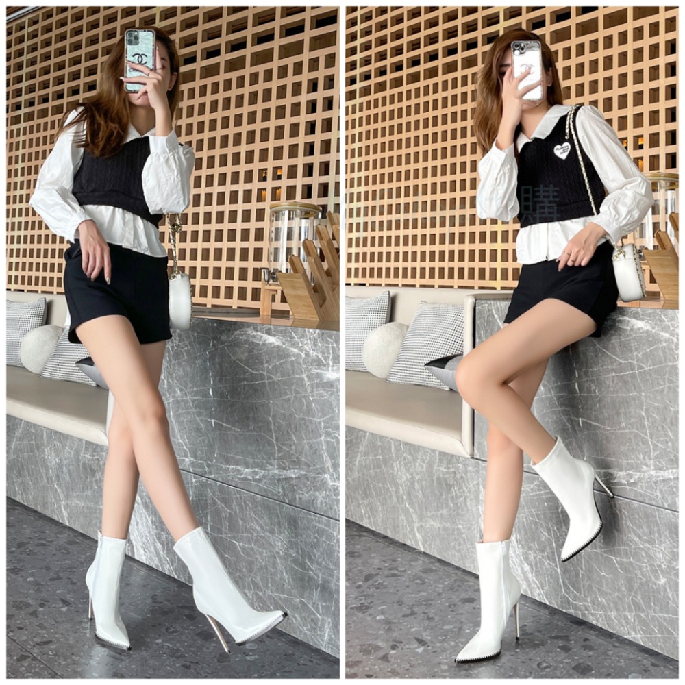 尖頭高跟靴 大尺碼 高跟短靴 12CM 短筒靴 細跟靴 水鑽鑲邊 顯腳瘦高挑 側拉鍊 訂製 夜店 女鞋．3色35-46-細節圖3