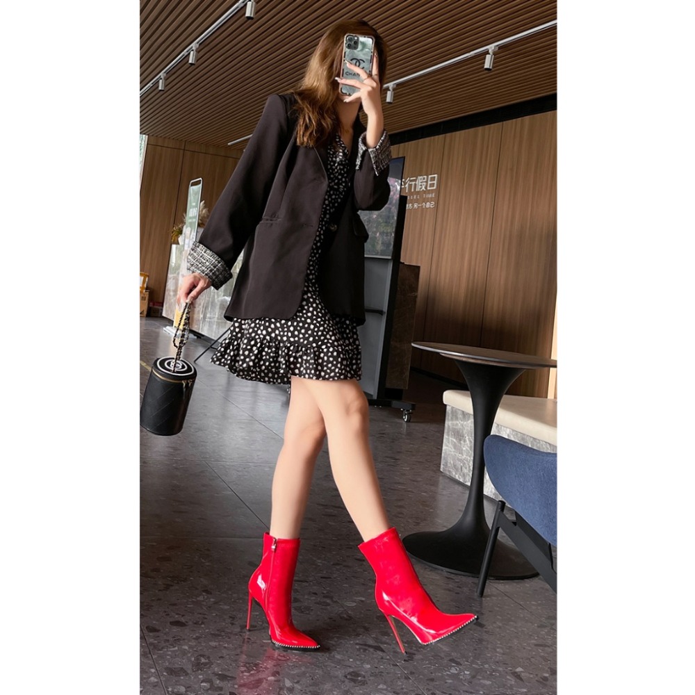 尖頭高跟靴 大尺碼 高跟短靴 12CM 短筒靴 細跟靴 水鑽鑲邊 顯腳瘦高挑 側拉鍊 訂製 夜店 女鞋．3色35-46-細節圖4