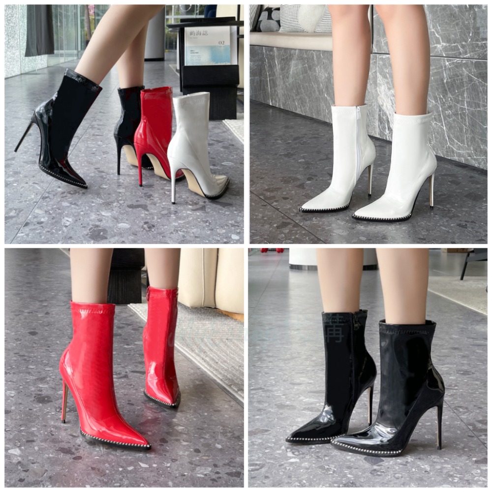 尖頭高跟靴 大尺碼 高跟短靴 12CM 短筒靴 細跟靴 水鑽鑲邊 顯腳瘦高挑 側拉鍊 訂製 夜店 女鞋．3色35-46-細節圖5