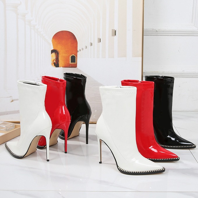 尖頭高跟靴 大尺碼 高跟短靴 12CM 短筒靴 細跟靴 水鑽鑲邊 顯腳瘦高挑 側拉鍊 訂製 夜店 女鞋．3色35-46-細節圖7