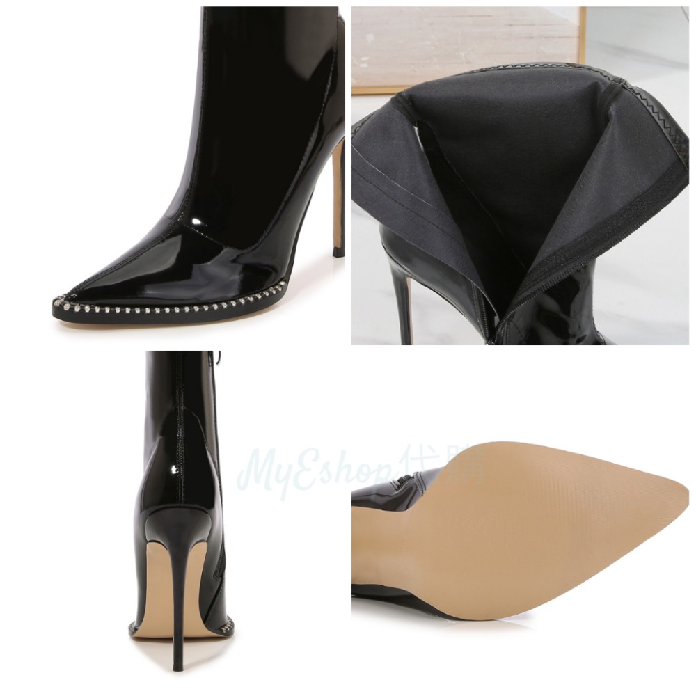 尖頭高跟靴 大尺碼 高跟短靴 12CM 短筒靴 細跟靴 水鑽鑲邊 顯腳瘦高挑 側拉鍊 訂製 夜店 女鞋．3色35-46-細節圖9