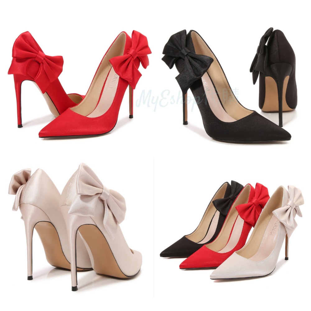 尖頭高跟鞋 大尺碼 高跟包鞋 淺口高跟鞋 12CM 細跟 蝴蝶結 宴會鞋 婚鞋 禮服 性感 時尚 女鞋．3色35-46-細節圖9