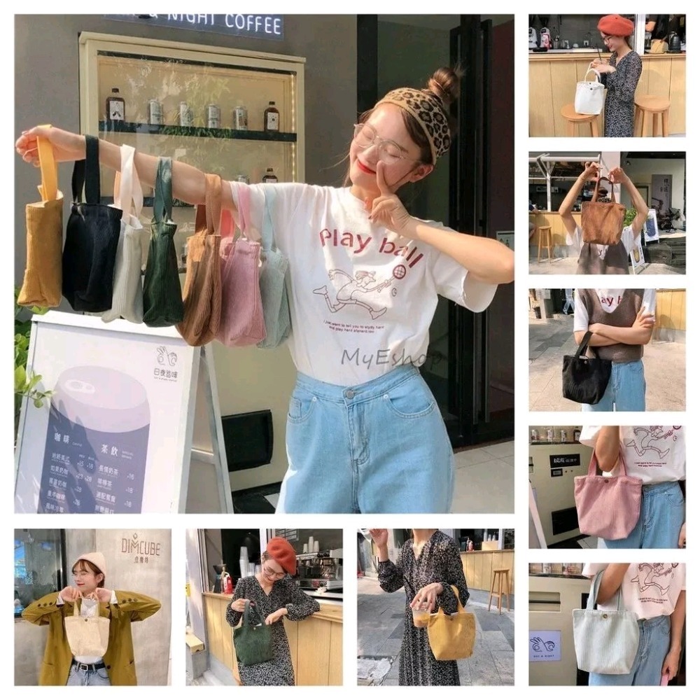 現貨 環保飲料提袋 小提袋 手提袋 零食袋 實拍 午餐袋 燈芯絨 毛呢 雙面拚色 韓版 文藝 帆布袋．多-細節圖9
