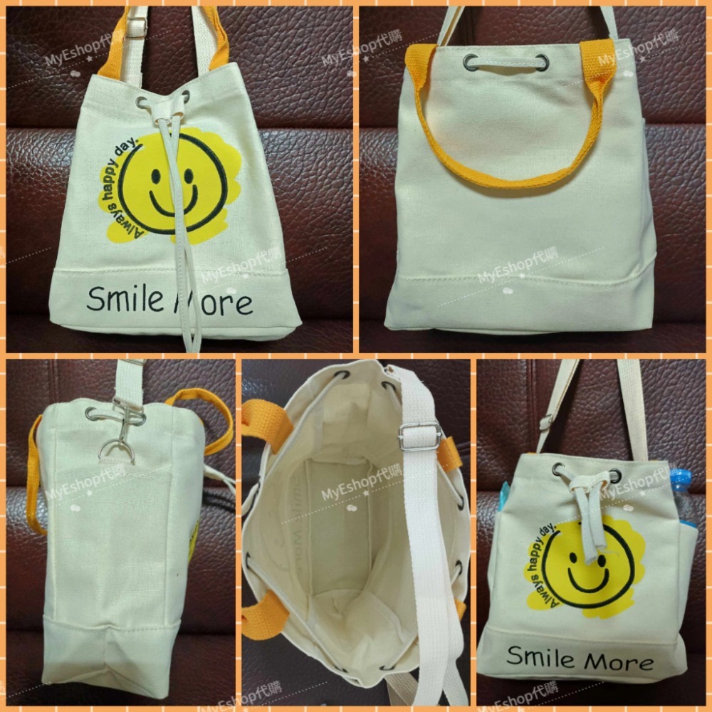 帆布水桶包 帆布包 微笑笑臉 提袋 手提包 斜背包 單肩包 現貨 實拍 小包大容量 水桶包 三用包 ．多-細節圖8
