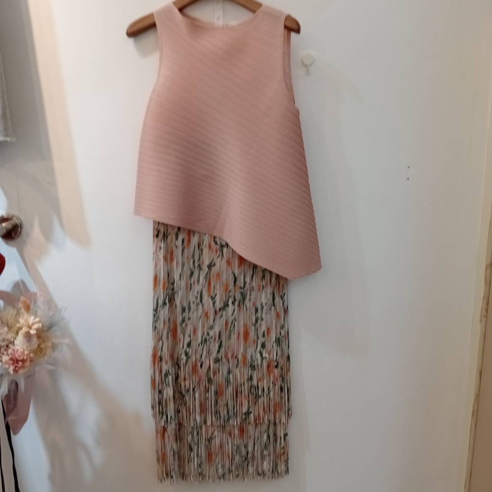 [H lovely]現貨-三宅氣質神款套裝.硬廷斜邊上衣.中長款.不規則裙.流蘇裙.顯瘦.甜美-檸檬黃色.乾燥粉.淡紫色-規格圖8