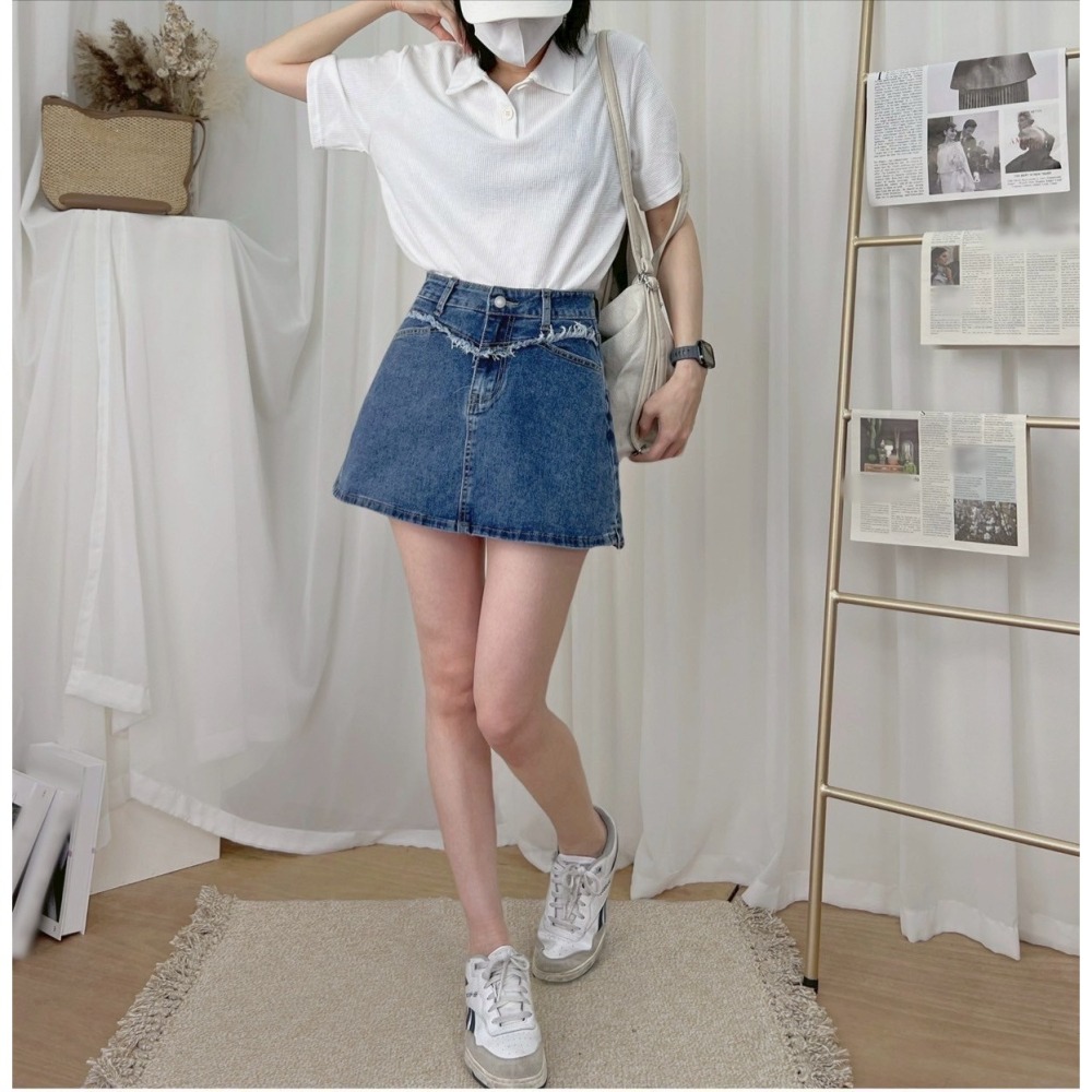 [H lovely]A字牛仔短裙-美式甜辣 最愛廠商 牛仔裙 短裙 裙子 丹寧 半身裙 OOTD INS-細節圖2