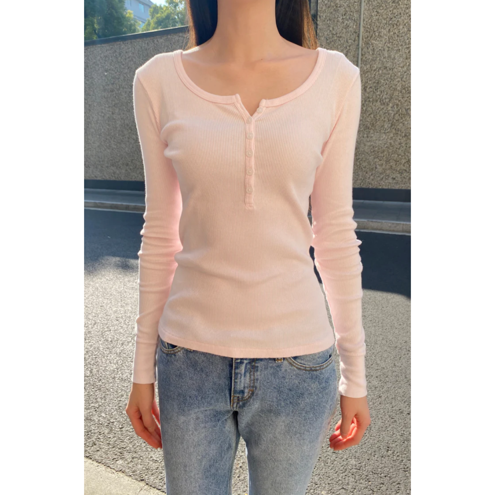 【BM】Zelly Ribbed Top 粉色多粒扣正肩長袖-細節圖2