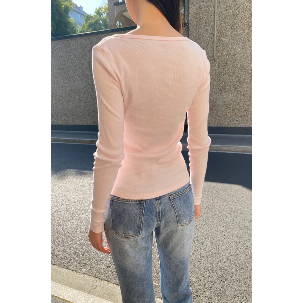 【BM】Zelly Ribbed Top 粉色多粒扣正肩長袖-細節圖3