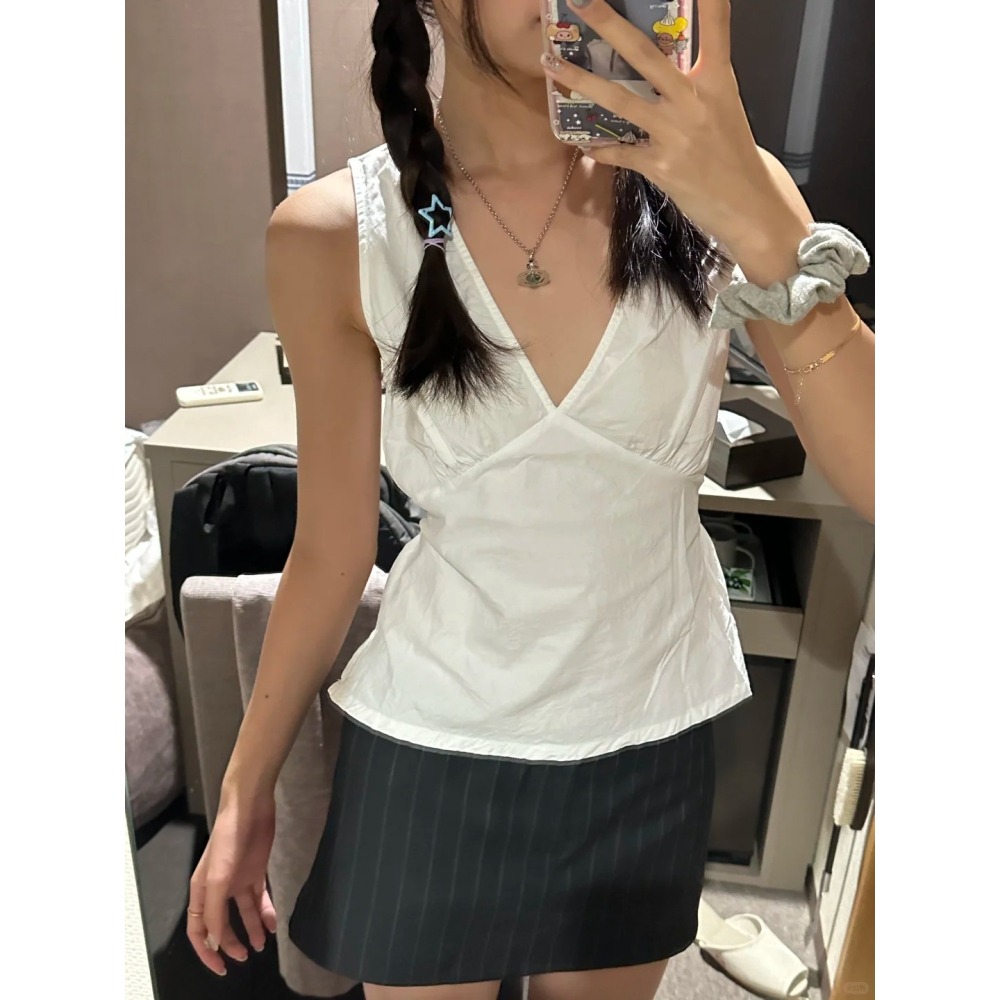 【BM】Rafaela Top 白色綁帶v領掛脖背心-細節圖2