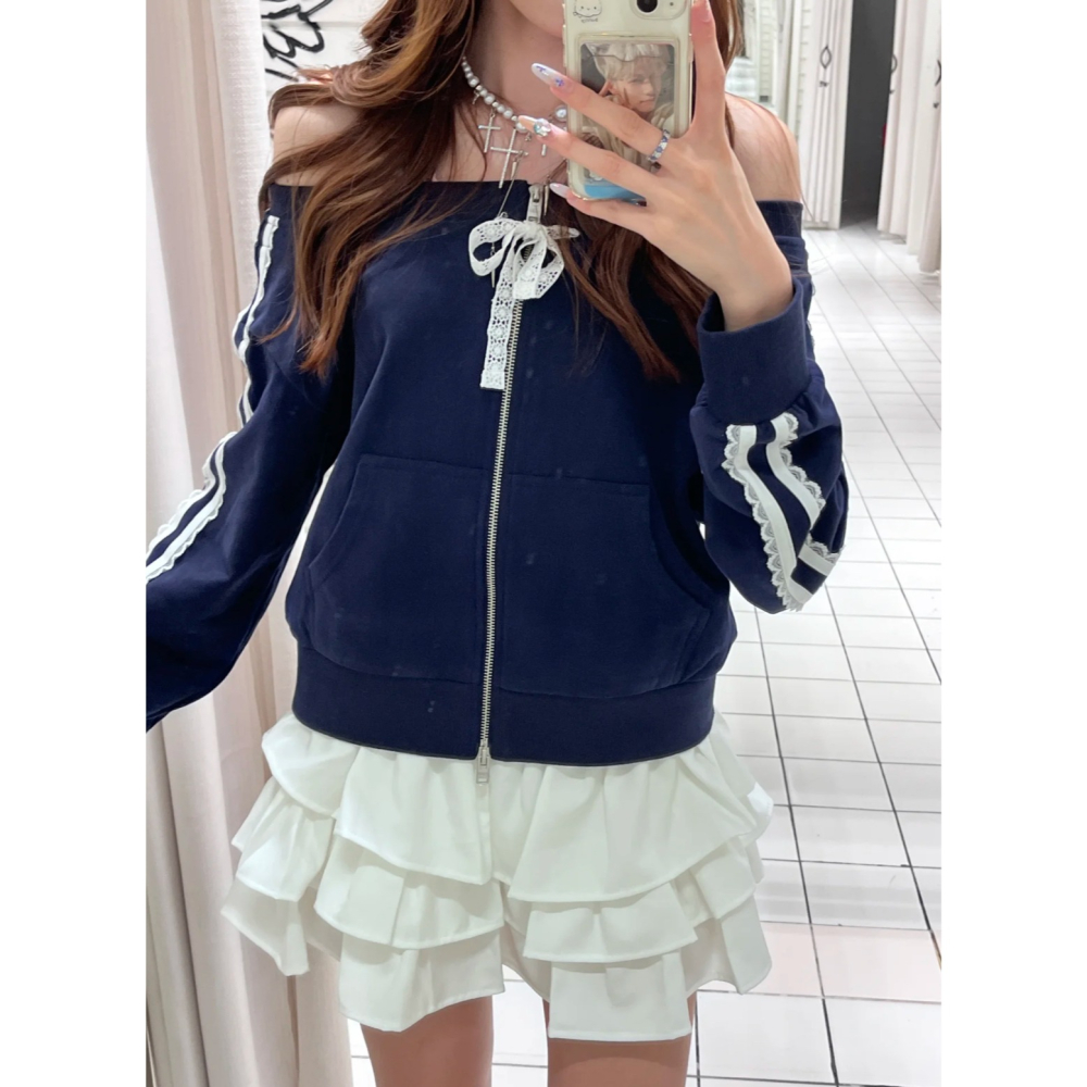 【WM】平口雙拉鏈美式蕾絲外套-細節圖3