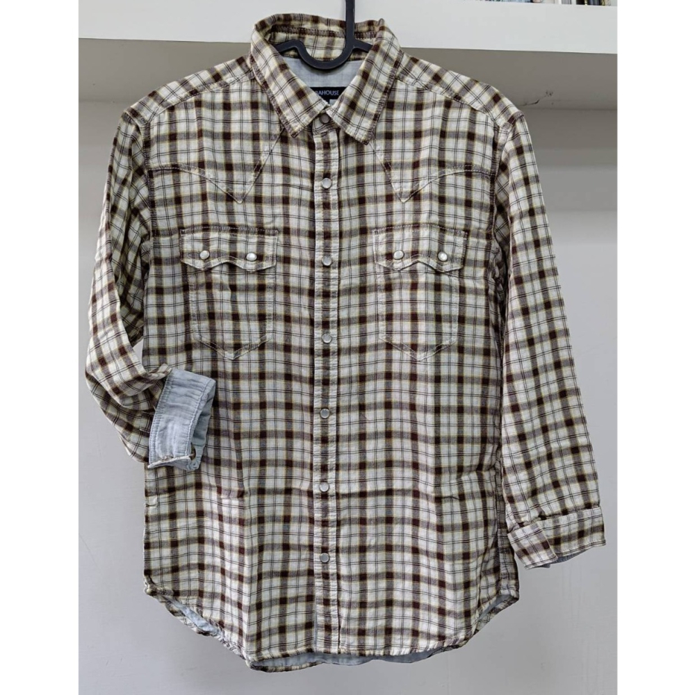 【二手良品中古衣】145號ABAHOUSE日系品牌咖啡格紋雙層紗材質長袖休閒襯衫-細節圖2