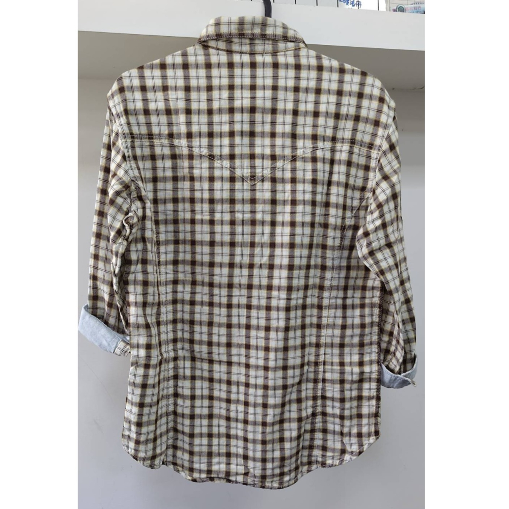 【二手良品中古衣】145號ABAHOUSE日系品牌咖啡格紋雙層紗材質長袖休閒襯衫-細節圖3