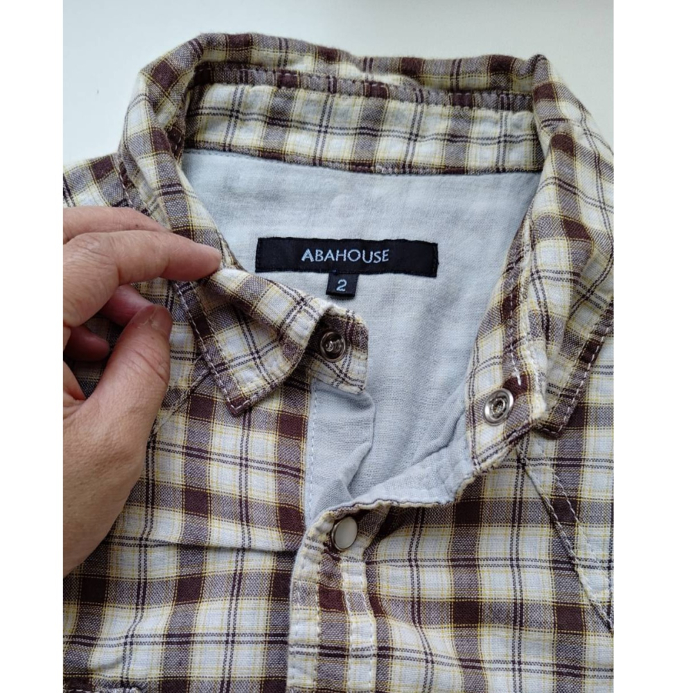 【二手良品中古衣】145號ABAHOUSE日系品牌咖啡格紋雙層紗材質長袖休閒襯衫-細節圖4