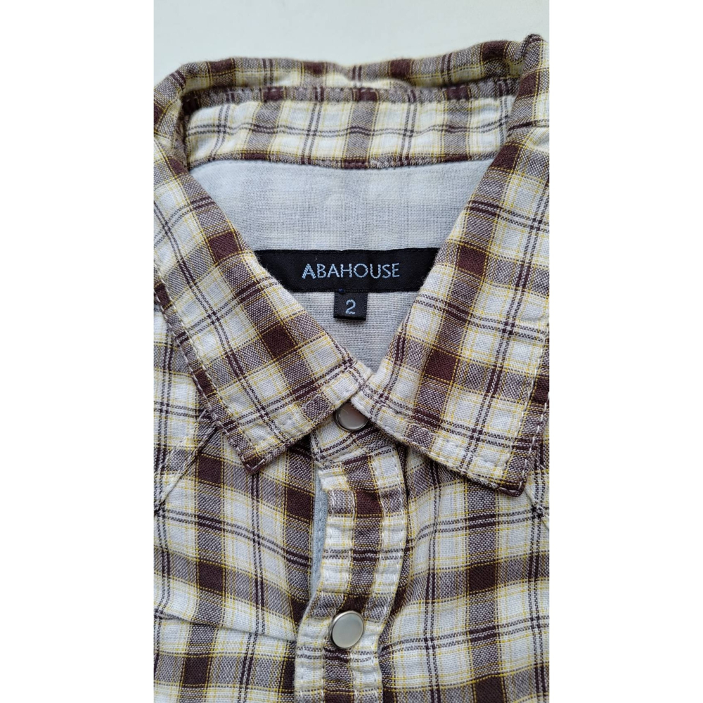 【二手良品中古衣】145號ABAHOUSE日系品牌咖啡格紋雙層紗材質長袖休閒襯衫-細節圖6