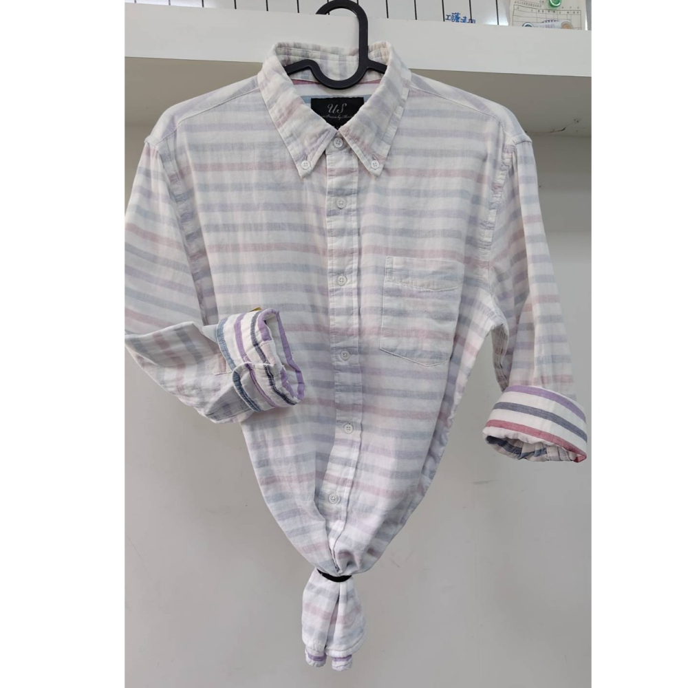 【二手良品中古衣】173號US七分袖透氣雙層紗材質外白內條紋休閒襯衫罩衫防晒-細節圖2